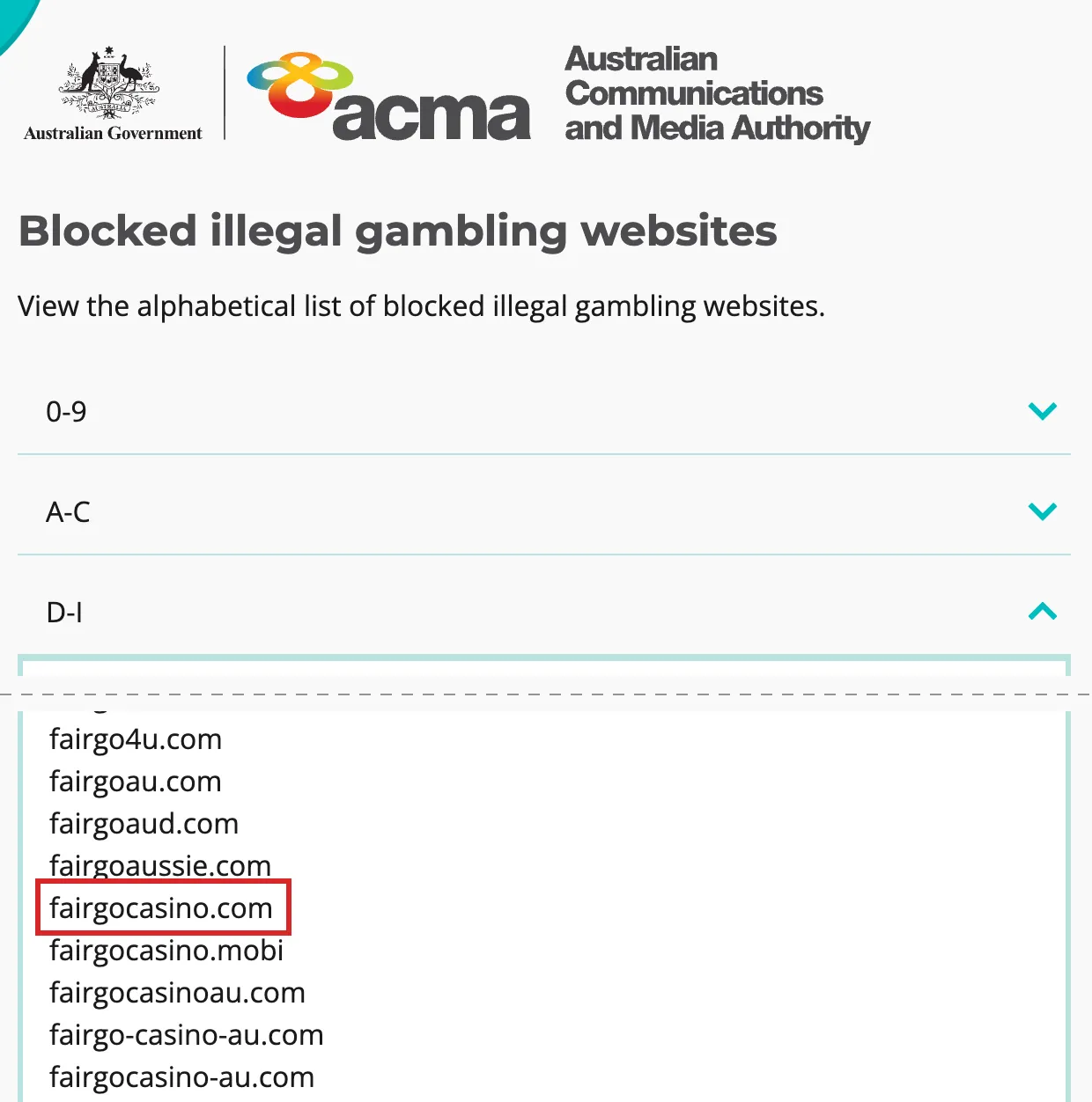 ACMA web page headed Blocked illegal gambling websites, with the D-I section of the alphabetical list expanded. The highlighted entry is fairgocasino.com, among several other listed domains that carry the Fair Go name.
