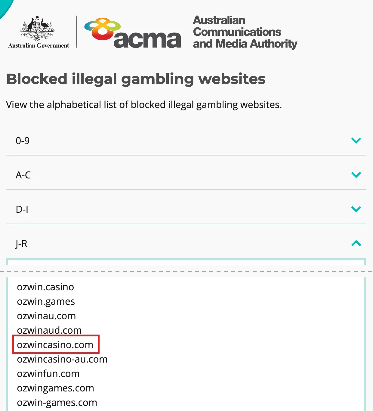 ACMA web page headed Blocked illegal gambling websites, with the J-R section of the alphabetical list expanded. The highlighted entry is ozwincasino.com, among several other listed domains that carry the Ozwin name.