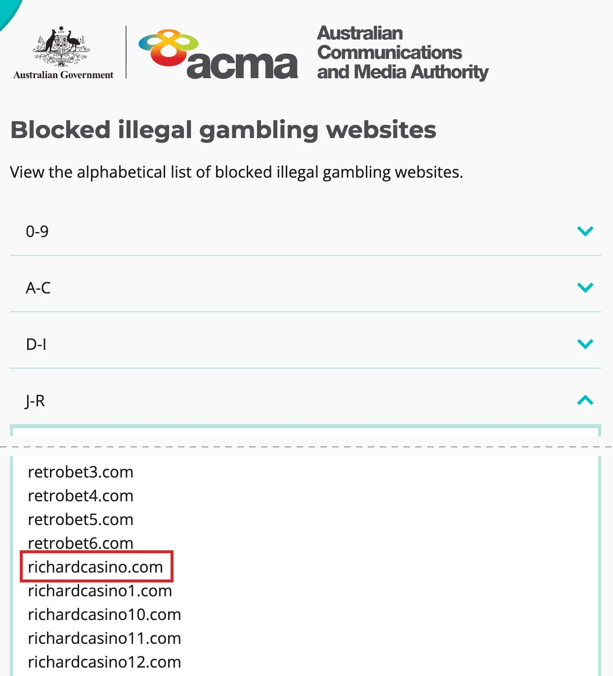 ACMA web page headed Blocked illegal gambling websites, with the J-R section of the alphabetical list expanded. The visible entries include richardcasino.com (highlighted) and several numbered domains carrying the same name.