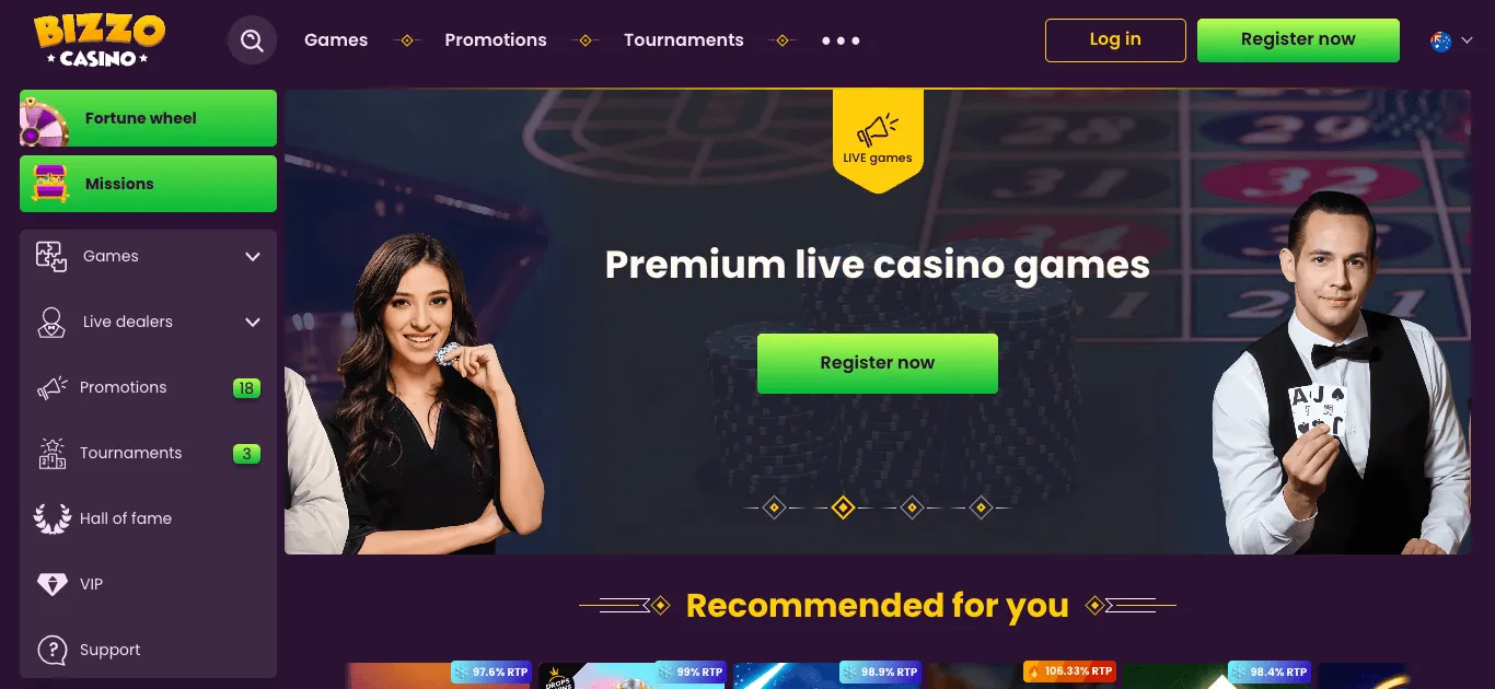 Bizzo Casino lobby: a top bar with Games, Promotions and Tournaments links, Log in and Register now buttons and an Australian flag; a left menu with Fortune wheel, Missions, Games, Live dealers, Promotions, Tournaments, Hall of fame, VIP and Support; a live-casino banner with two dealers and a Register now button; and the start of a Recommended for you row of pokies.