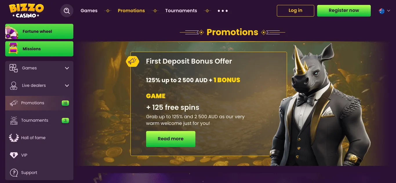 Bizzo Casino promotions page: a First Deposit Bonus Offer tile with a match percentage, a maximum in AUD, a bonus game, free spins and a Read more button, beside a rhinoceros mascot in a tuxedo; below it, the top of a Crypto First Deposit Bonus tile, also in AUD.