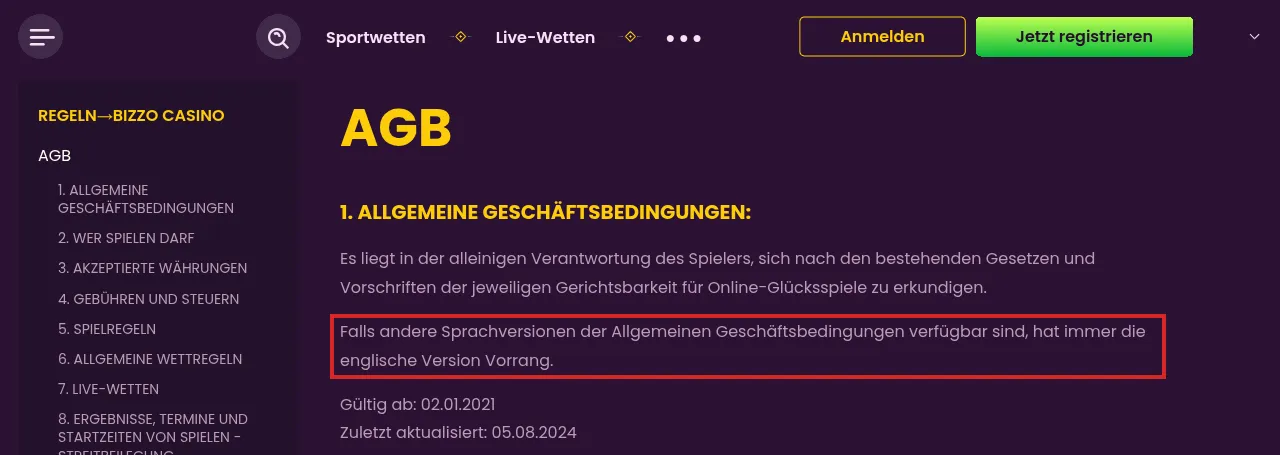 Top of Bizzo Casino's general terms page in German, headed AGB, with the numbered list of sections on the left. In section 1 the highlighted sentence says that the English version takes precedence where other language versions of the terms exist; valid-from and last-updated dates follow.