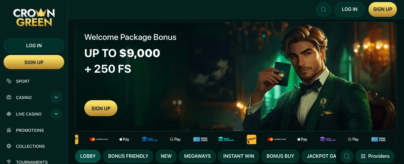 Crowngreen homepage on a dark green background: the Crown Green logo and a menu with Sport, Casino, Live Casino, Promotions, Tournaments and VIP on the left, a banner reading “Welcome Package Bonus, up to $9,000 + 250 FS” with a man in a tuxedo holding a card, a strip of payment logos and a row of game categories.