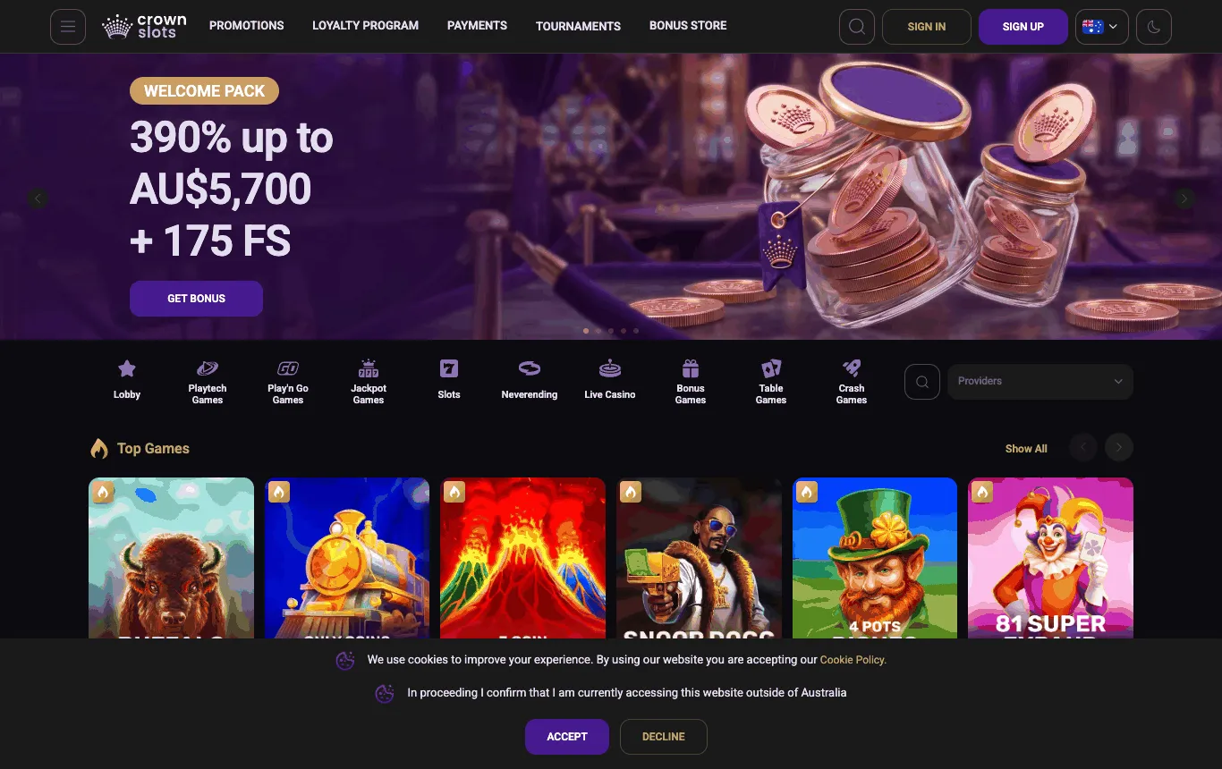 Crownslots homepage: a header with Promotions, Loyalty Program, Payments, Tournaments and Bonus Store, Sign in and Sign up buttons and an Australian flag; a Welcome Pack banner; a category bar from Lobby to Crash Games; a row of pokies; and a cookie bar asking the visitor to confirm they are accessing the site outside of Australia, with Accept and Decline.