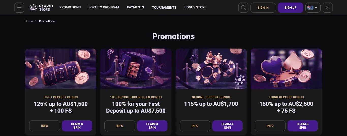 Crownslots Promotions page with four cards: First Deposit Bonus, 1st Deposit Highroller Bonus, Second Deposit Bonus and Third Deposit Bonus, each with a match percentage, an AU$ maximum and free spins where offered, and Info and Claim & Spin buttons.