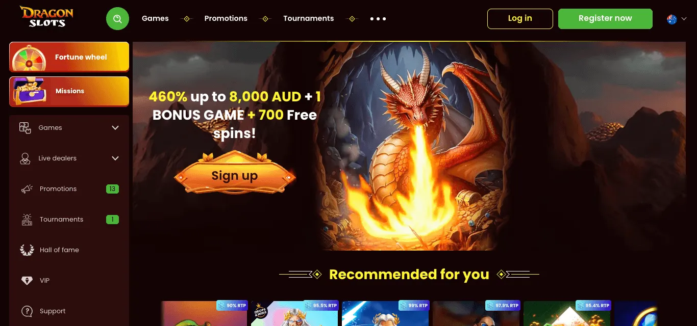 DragonSlots lobby: a banner with a fire-breathing dragon advertising a welcome package in AUD with a bonus game and free spins, and a Sign up button; a left menu with Fortune wheel, Missions, Games, Live dealers, Promotions, Tournaments, Hall of fame, VIP and Support; Log in and Register now buttons with an Australian flag; and the start of a Recommended for you row.