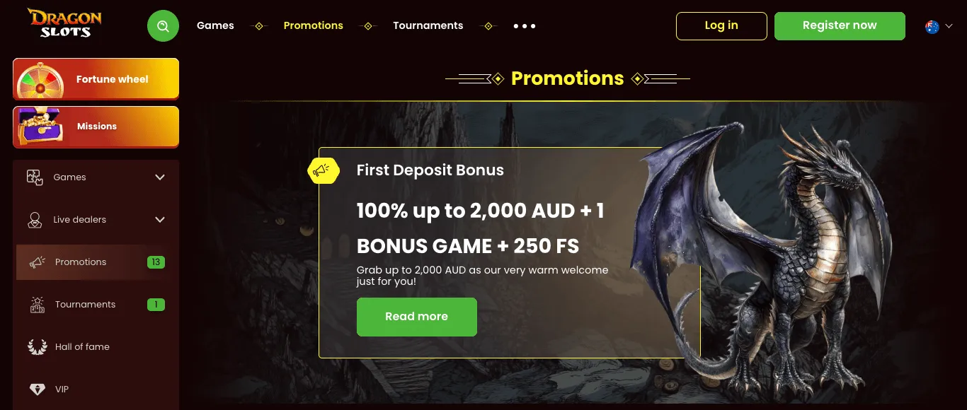 DragonSlots promotions page: a First Deposit Bonus tile with a match percentage, a maximum in AUD, a bonus game and free spins, and a Read more button, beside a dragon illustration.