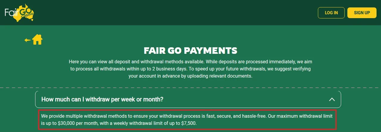 Fair Go Casino payments page headed Fair Go Payments. An expanded question, How much can I withdraw per week or month?, is answered in the highlighted text, which gives a maximum monthly withdrawal limit and a weekly withdrawal limit in dollars.