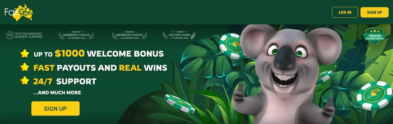 Fair Go Casino homepage banner: the Fair Go logo with Log in and Sign up buttons; award-nomination badges; three starred lines advertising a welcome bonus up to a dollar amount, fast payouts and real wins, and round-the-clock support; a Sign up button; and a cartoon koala giving a thumbs-up among jungle leaves and casino chips.
