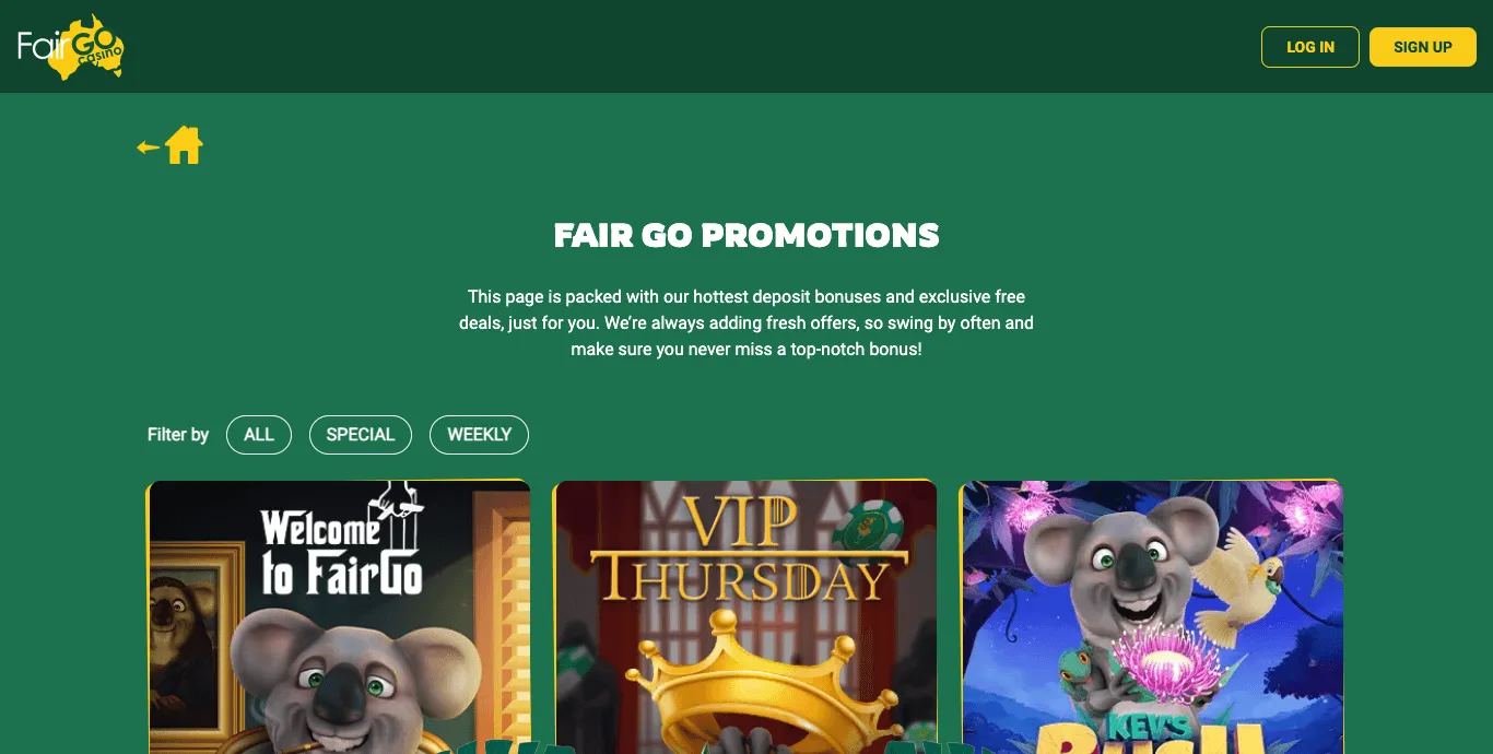 Fair Go Promotions page: the heading, a short introduction, All, Special and Weekly filter buttons, and three offer tiles with koala artwork — Welcome to FairGo, VIP Thursday and Kev's Bush Bonanza; a menu bar with Deposit, Promo, Banking and Sign Up overlaps the bottom.