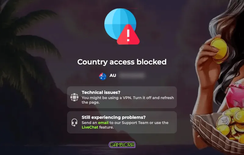 Gambloria block page on a dark beach background: a globe with a warning sign, the heading “Country access blocked”, an Australian flag with the code AU, panels headed “Technical issues?” and “Still experiencing problems?”, and the Gambloria logo.