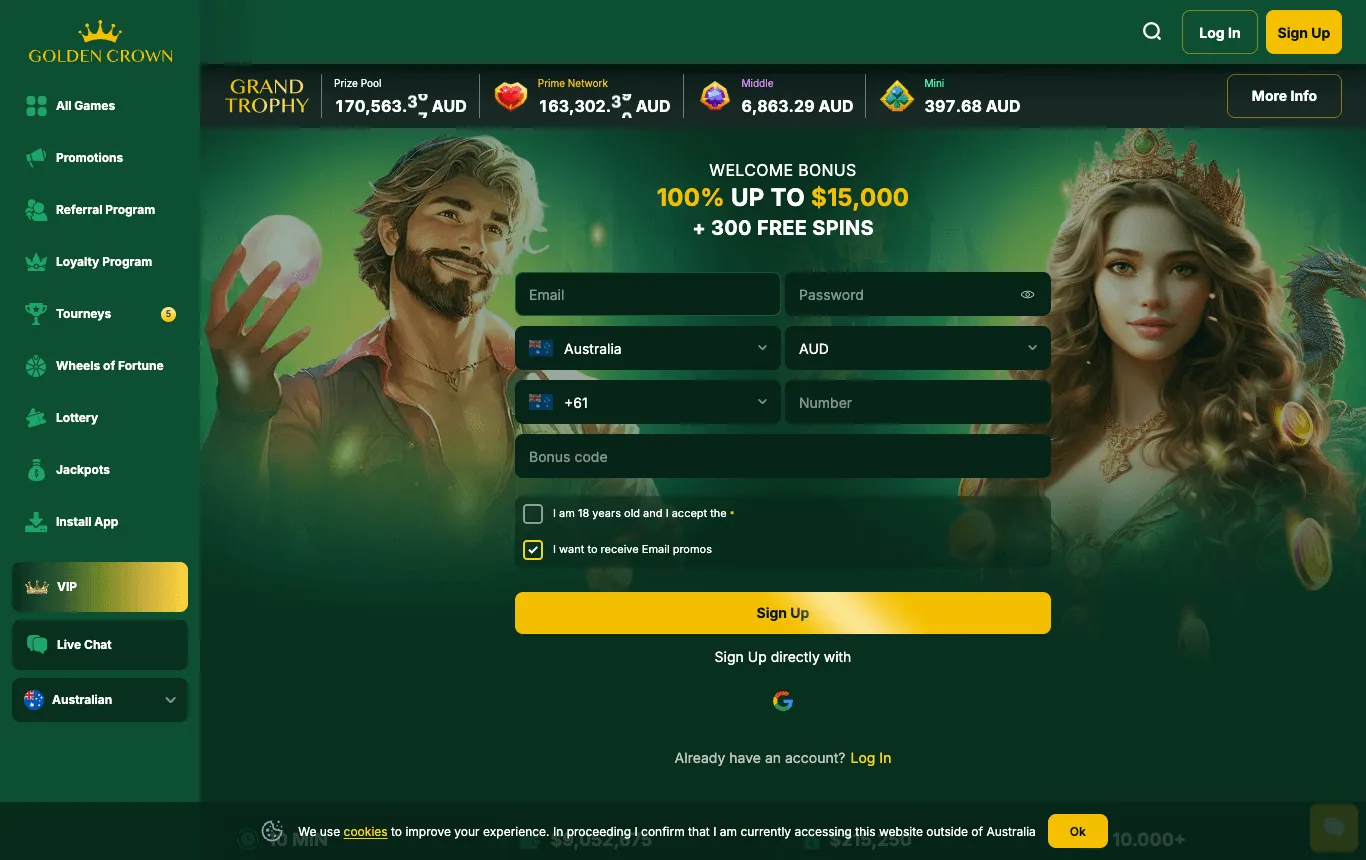 Golden Crown homepage: a left menu; a jackpot ticker in AUD; a welcome-bonus heading with a match percentage, a dollar maximum and free spins above a sign-up form pre-set to Australia, AUD and the +61 dialling code; and a cookie bar along the bottom with an Ok button and the text about accessing the website outside of Australia.