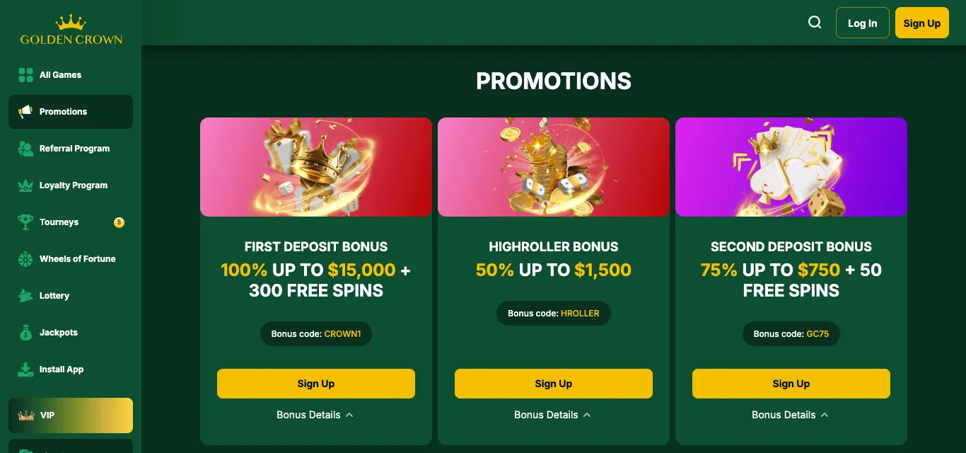 Golden Crown promotions page with three offer cards — First Deposit Bonus, Highroller Bonus and Second Deposit Bonus — each with a match percentage, a dollar maximum, free spins where offered, a bonus code and a Sign Up button.