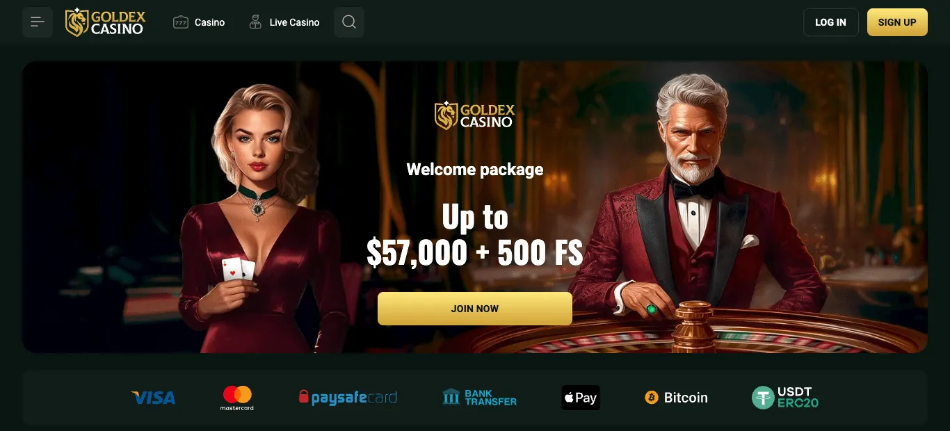 Goldex Casino welcome page: a top bar with Casino and Live Casino links and Log in and Sign up buttons; a banner with two illustrated figures at a roulette table advertising a welcome package in dollars with free spins, and a Join now button; payment logos for Visa, Mastercard, Paysafecard, bank transfer, Apple Pay, Bitcoin and USDT ERC20; and the start of a Top games row.