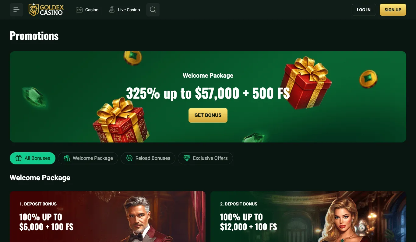 Goldex promotions page: a green welcome-package banner with a combined match percentage, a dollar maximum and free spins; All Bonuses, Welcome Package, Reload Bonuses and Exclusive Offers filter tabs; and the first two deposit-bonus cards with their match and dollar maximum.