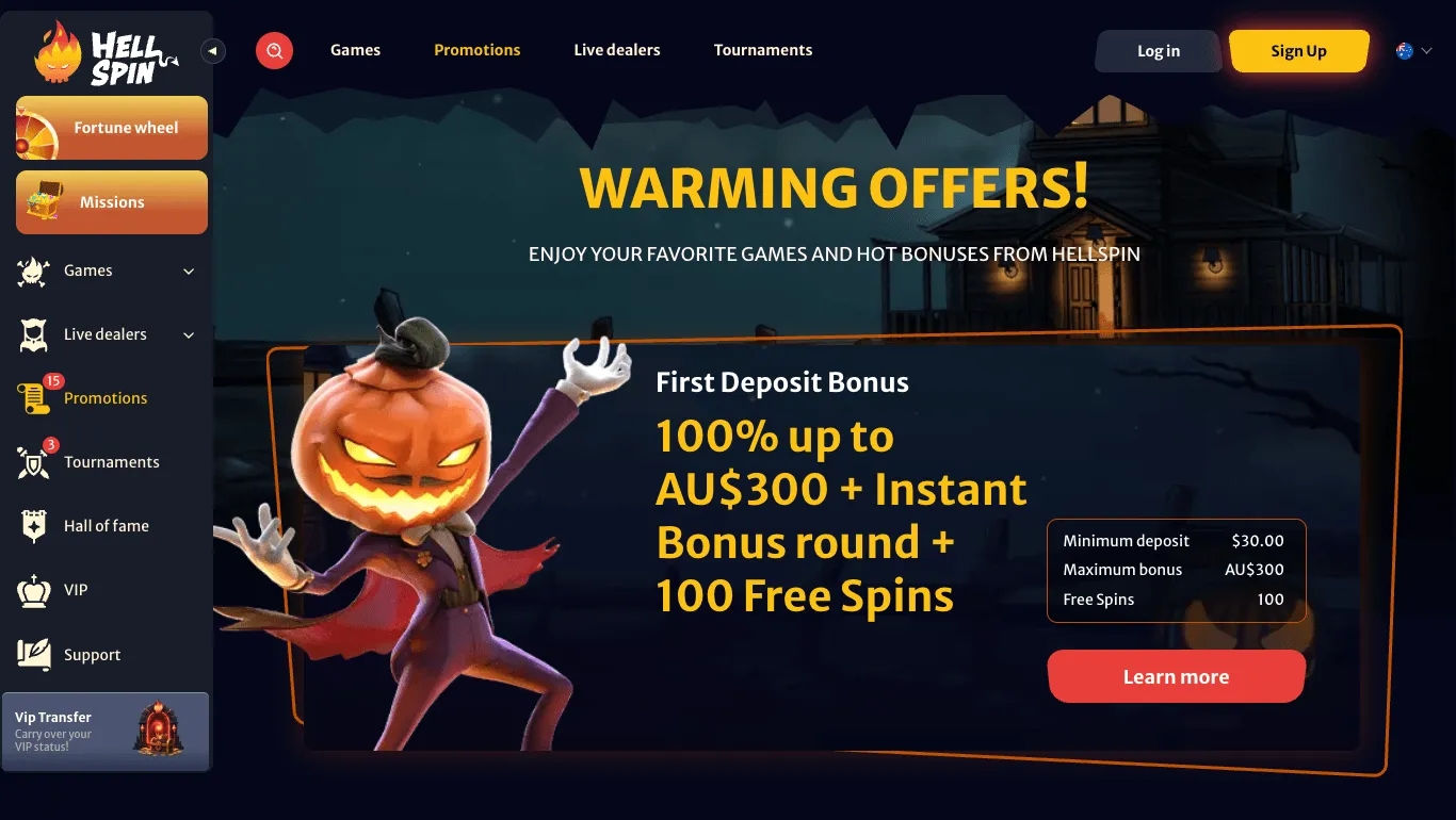 HellSpin promotions page headed Warming offers!, with a First Deposit Bonus card showing a match percentage, a maximum in AU$, an instant bonus round and free spins, a small table of minimum deposit, maximum bonus and free spins, and a Learn more button, beside a pumpkin-headed character.