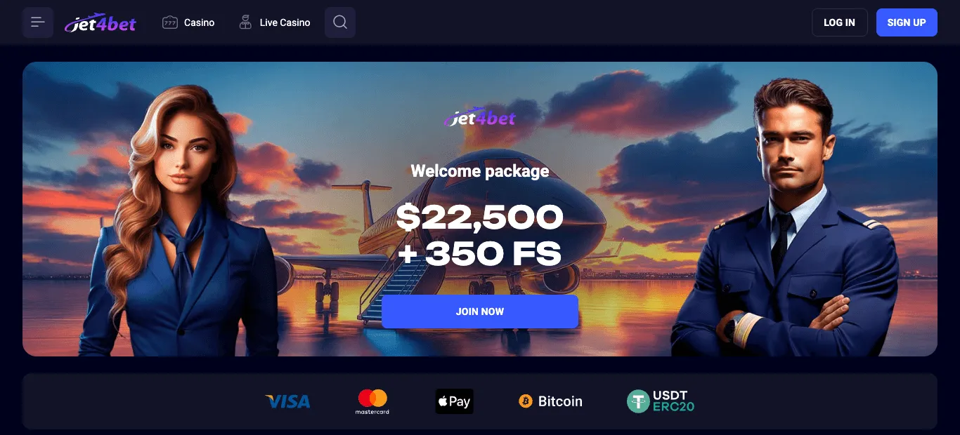 Jet4Bet welcome page: a banner with a flight attendant, a pilot and a private jet advertising a welcome package in dollars with free spins, and a Join now button; payment logos for Visa, Mastercard, Apple Pay, Bitcoin and USDT ERC20; and the start of a Top games row.
