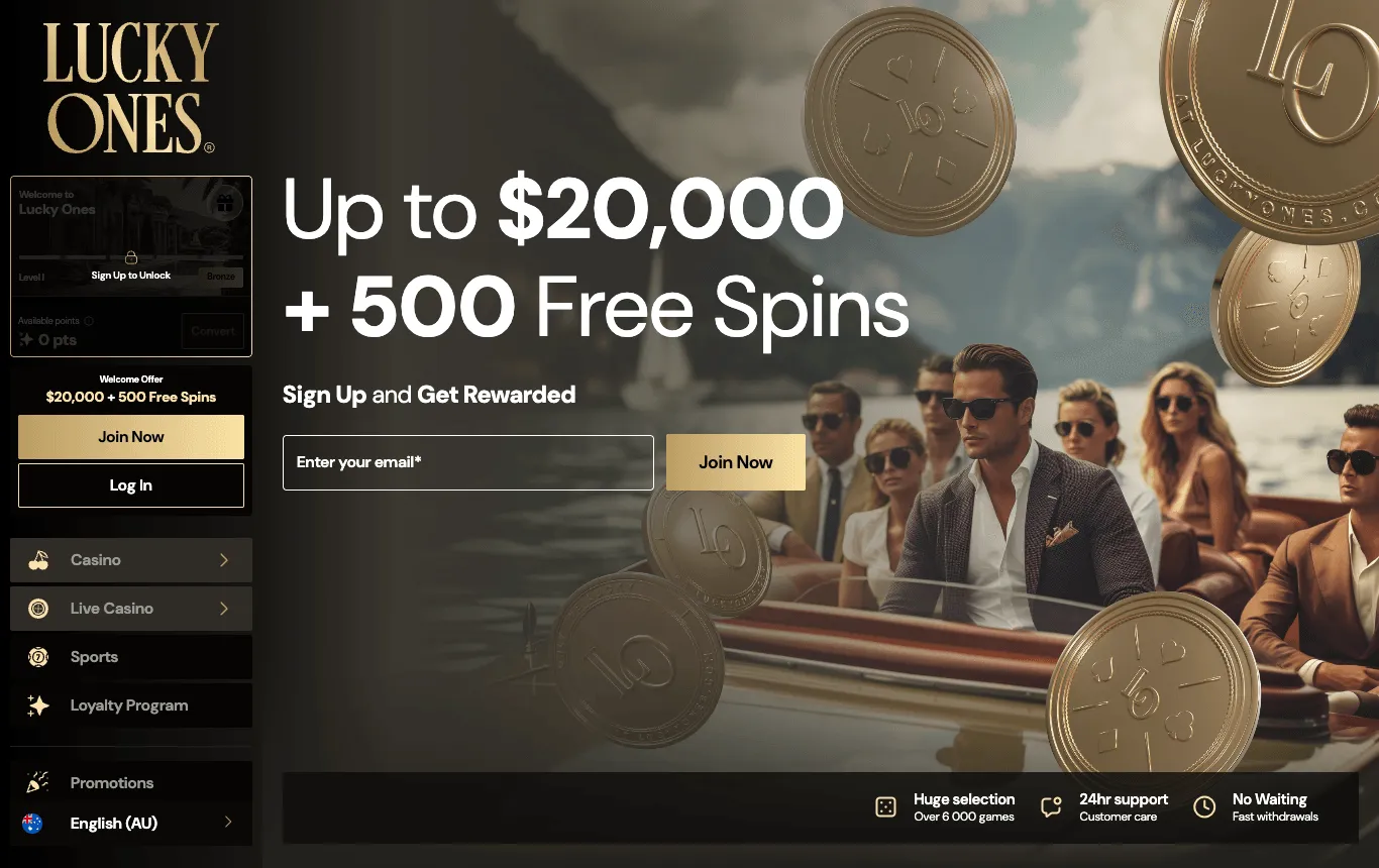 Lucky Ones entry page: the gold Lucky Ones logo; a locked loyalty card reading Sign Up to Unlock; a welcome-offer box with Join Now and Log In buttons; a large headline offering up to a dollar amount plus free spins, with an email field and a Join Now button, over a photo of people in a speedboat and oversized gold coins; a menu with Casino, Live Casino, Sports, Loyalty Program, Promotions and English (AU); and badges for game selection, round-the-clock support and fast withdrawals.