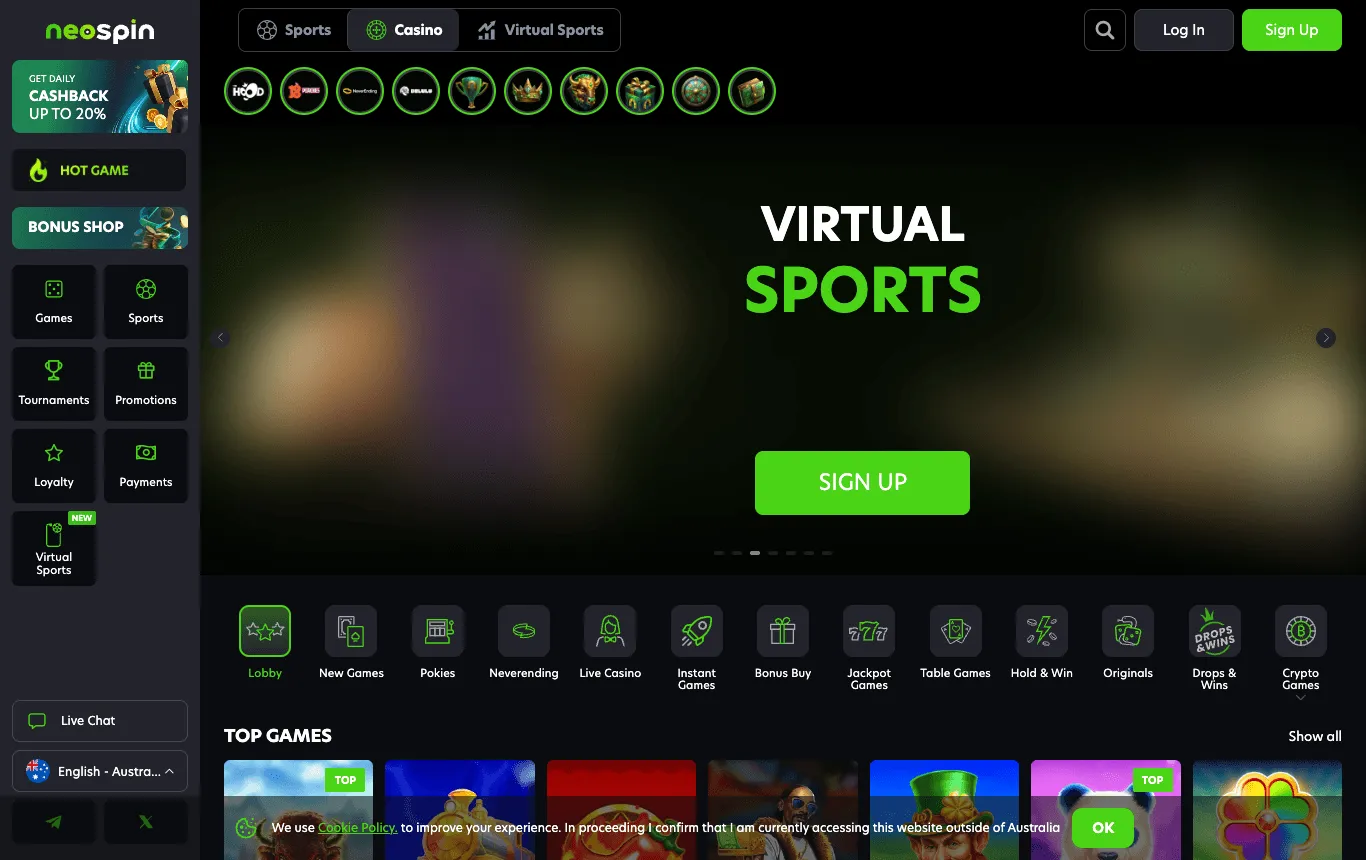 Neospin lobby: Sports, Casino and Virtual Sports tabs; a left menu with a daily-cashback banner, Hot Game, Bonus Shop, Games, Sports, Tournaments, Promotions, Loyalty, Payments and Virtual Sports; a banner on its Virtual Sports slide with a Sign up button; a category row from Lobby and Pokies to Crypto Games; the start of Top Games; and a cookie bar with an OK button and the text about accessing the website outside of Australia.