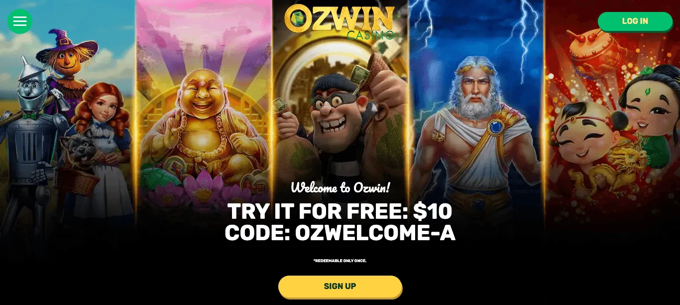 Ozwin Casino homepage: a row of pokie characters behind the Ozwin logo, the line Welcome to Ozwin!, an offer to try it for free with a dollar amount and a bonus code, a note that it can be redeemed only once, and a Sign up button; a menu button and a Log in button at the top.