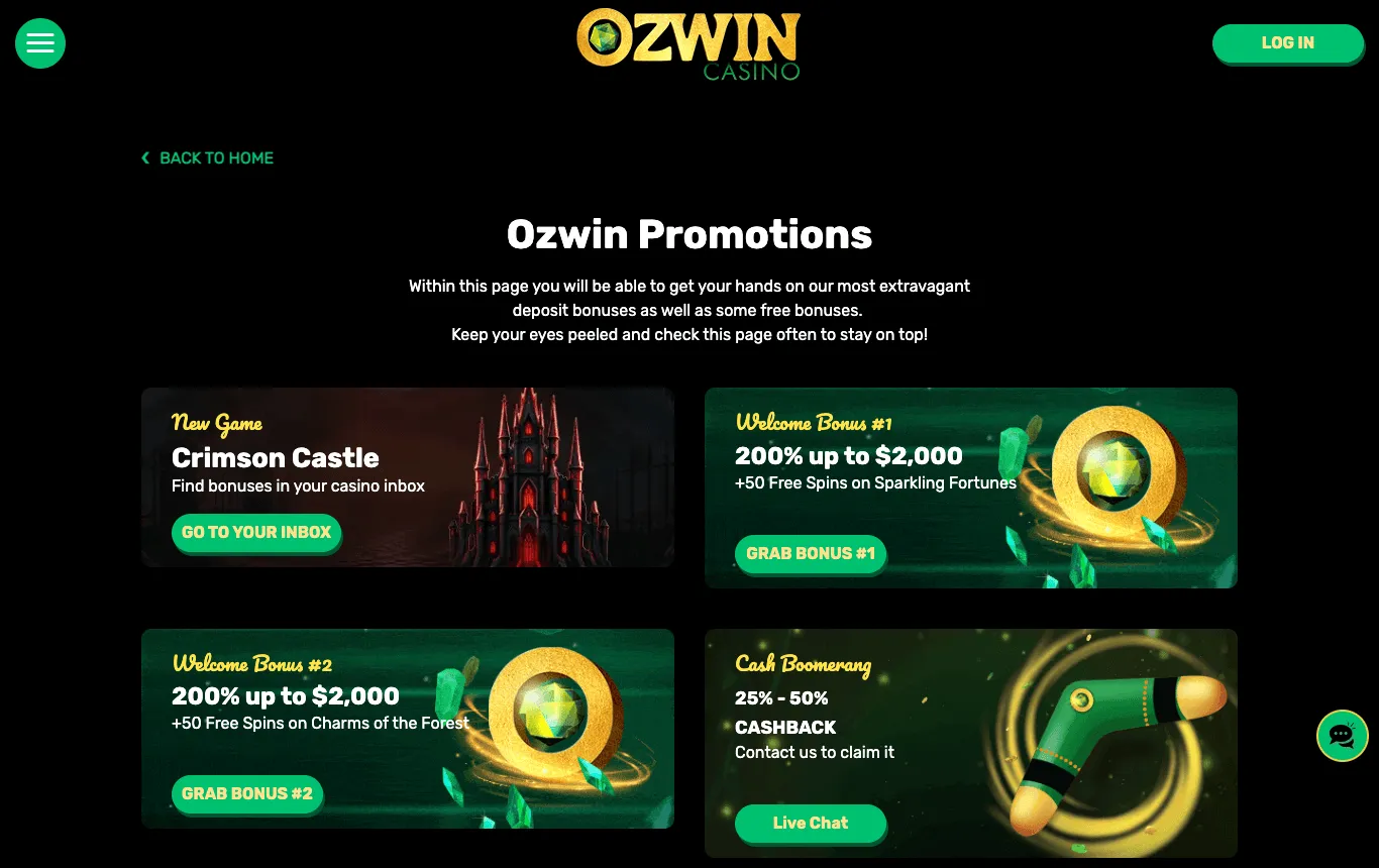 Ozwin Promotions page with four tiles: a new-game notice for Crimson Castle; Welcome Bonus #1 and Welcome Bonus #2, each with a match percentage, a dollar maximum and free spins on a named pokie; and a Cash Boomerang cashback range claimed through live chat.