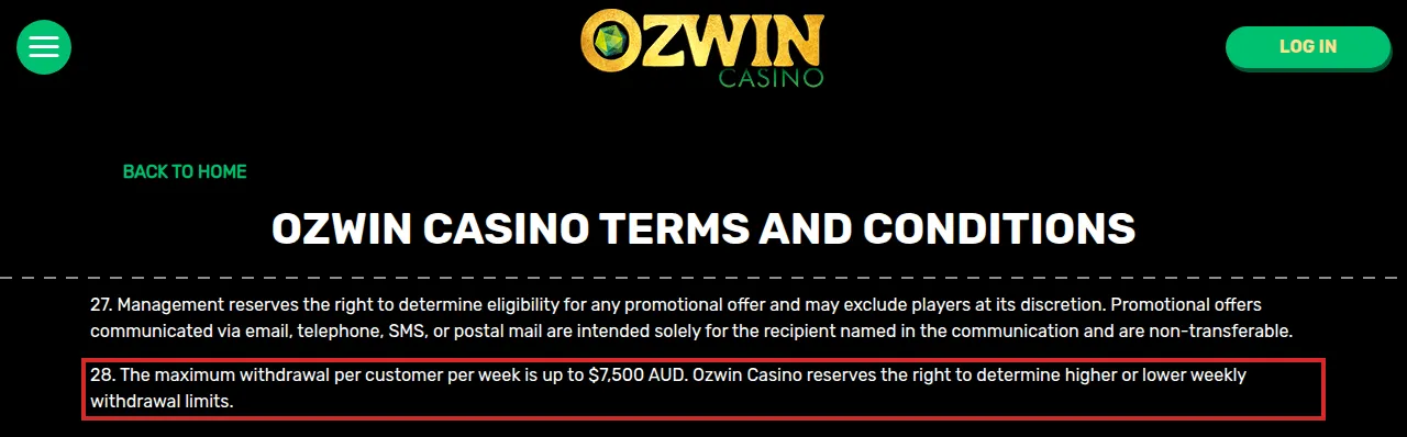 Ozwin Casino Terms and Conditions page. Clause 27 covers eligibility for promotional offers; clause 28, highlighted, states the maximum withdrawal per customer per week in Australian dollars and says Ozwin Casino may set higher or lower weekly withdrawal limits.