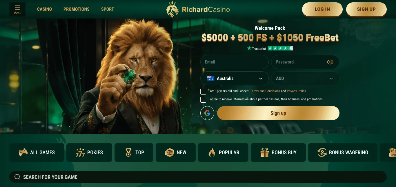 Richard Casino homepage: a lion in a suit holding a casino chip; a welcome-pack headline with a dollar amount, free spins and a free bet; a Trustpilot rating strip; a sign-up form pre-set to Australia and AUD with consent boxes; Log in and Sign up buttons; game-category tabs; and a game search bar.