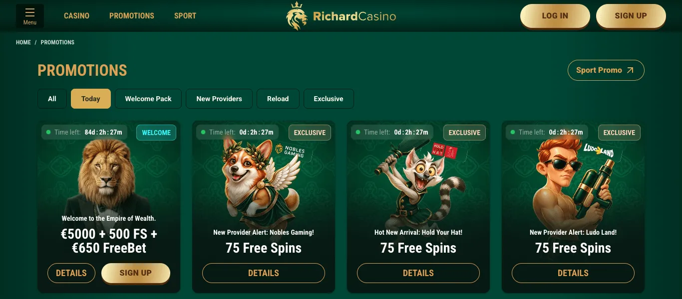 Richard Casino Promotions page on its Today tab: a Welcome card with the lion mascot stating a euro amount, free spins and a free bet, and three Exclusive cards offering free spins on new providers' games, each with a time-left counter.