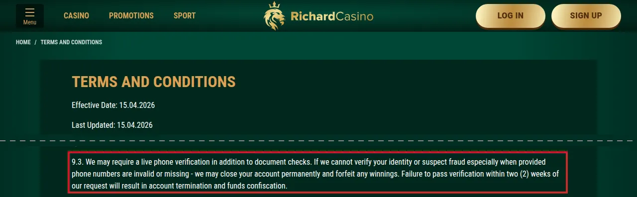 Richard Casino Terms and Conditions page, with its effective and last-updated dates at the top. Clause 9.3 is highlighted: the casino may require live phone verification in addition to document checks, may close the account and forfeit winnings if it cannot verify identity, and treats a failure to pass verification within a set period as grounds for account termination and confiscation of funds.