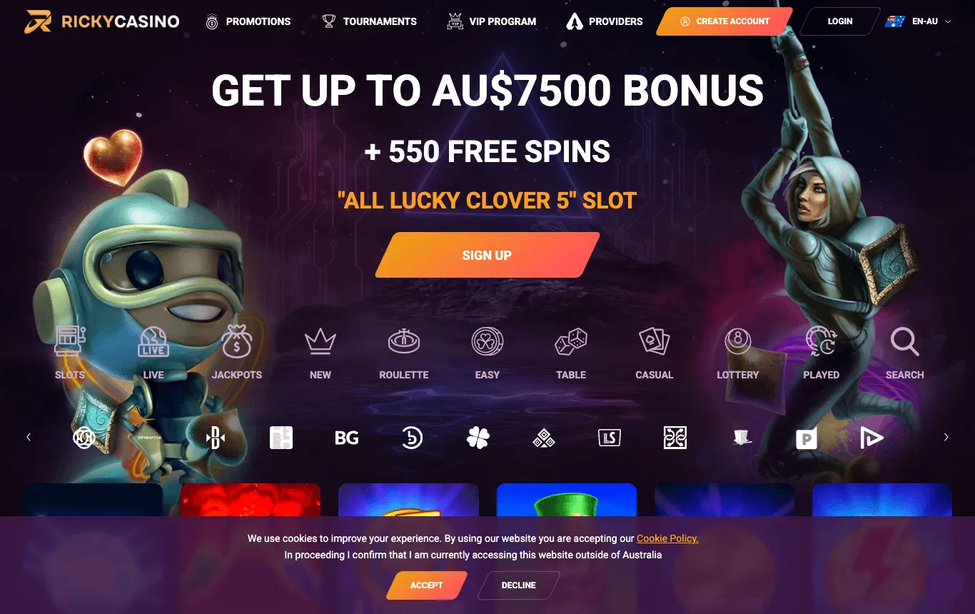 Ricky Casino homepage: a top menu with Promotions, Tournaments, VIP Program, Providers, Create account, Login and an EN-AU language switch; a headline offering a bonus in AU$ with free spins on a named pokie, and a Sign up button, between two sci-fi characters; game-category icons and provider logos; and a cookie bar with Accept and Decline buttons and the text about accessing the website outside of Australia.