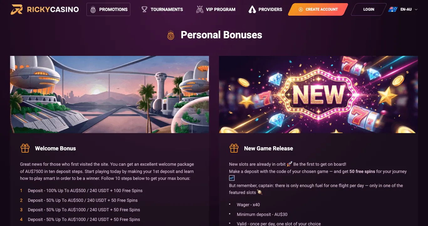 Ricky Casino Personal Bonuses page: a Welcome Bonus card describing a welcome package in AU$ spread over ten deposit steps and listing the first four steps with their match, AU$ and USDT maximums and free spins; beside it, a New Game Release card with its wagering, minimum-deposit and validity terms.