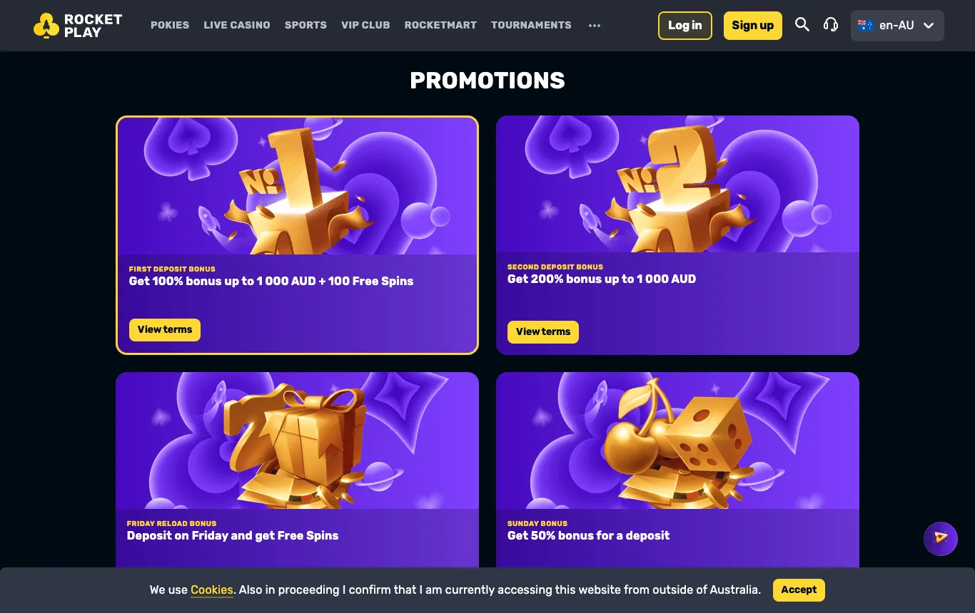 RocketPlay Promotions page in the en-AU setting: First Deposit Bonus and Second Deposit Bonus cards with match percentages and maximums in AUD, Friday Reload and Sunday Bonus cards, and a cookie bar with an Accept button and the text about accessing the website from outside of Australia.