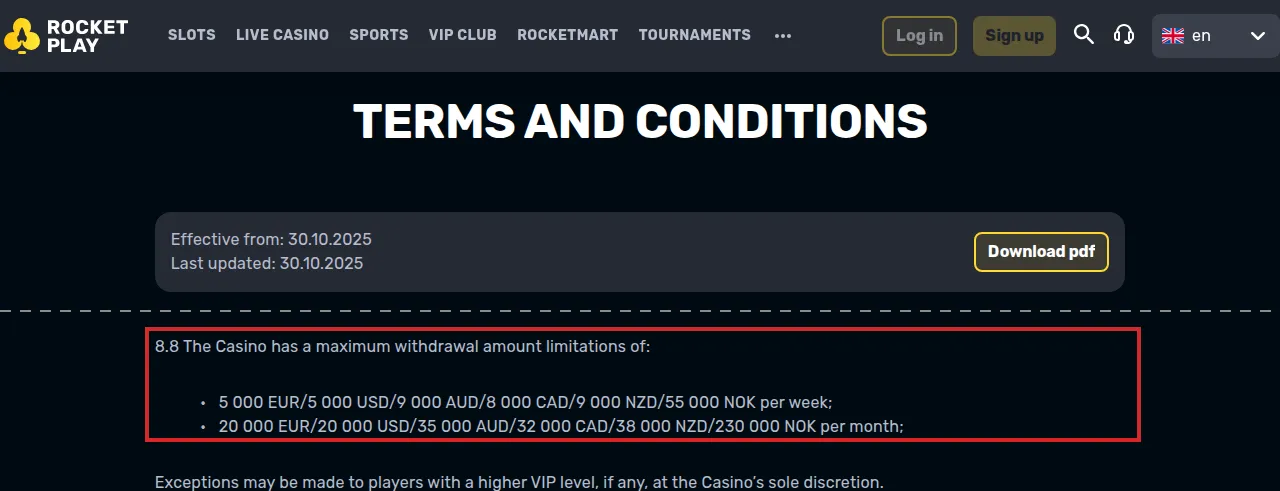 RocketPlay Terms and Conditions page, with effective and last-updated dates at the top. Clause 8.8 is highlighted: it lists the maximum withdrawal amount per week and per month in euros, US dollars, Australian dollars, Canadian dollars, New Zealand dollars and Norwegian kroner. A note below says exceptions may be made for players with a higher VIP level.