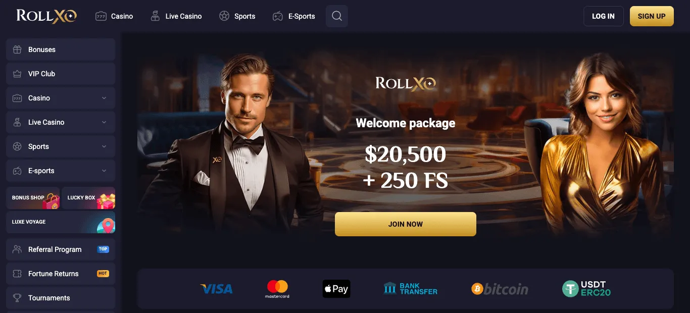 RollXO welcome page: a top menu with Casino, Live Casino, Sports and E-Sports; a left menu from Bonuses and VIP Club down to English - AU; a banner with two illustrated figures advertising a welcome package in dollars with free spins, and a Join now button; and payment logos for Visa, Mastercard, Apple Pay, bank transfer, Bitcoin and USDT ERC20.