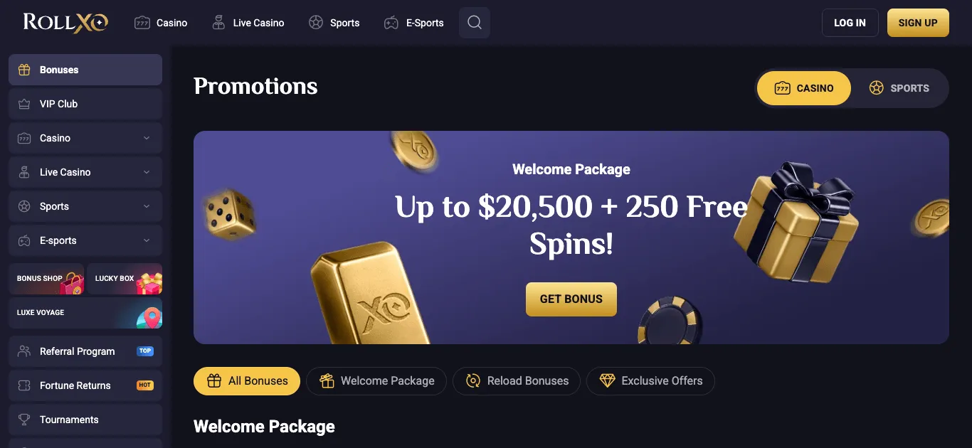 RollXO Promotions page on its Casino tab: a welcome-package banner with a dollar maximum, free spins and a Get bonus button, and All Bonuses, Welcome Package, Reload Bonuses and Exclusive Offers filter tabs.