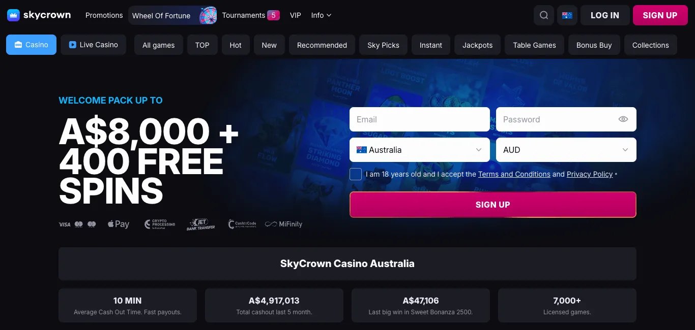 SkyCrown homepage: a welcome-pack headline in A$ with free spins and a row of payment logos; a sign-up form pre-set to Australia and AUD; a SkyCrown Casino Australia strip with claims about average cash-out time, total cash-outs, a recent big win and the number of games; and game-category tabs.