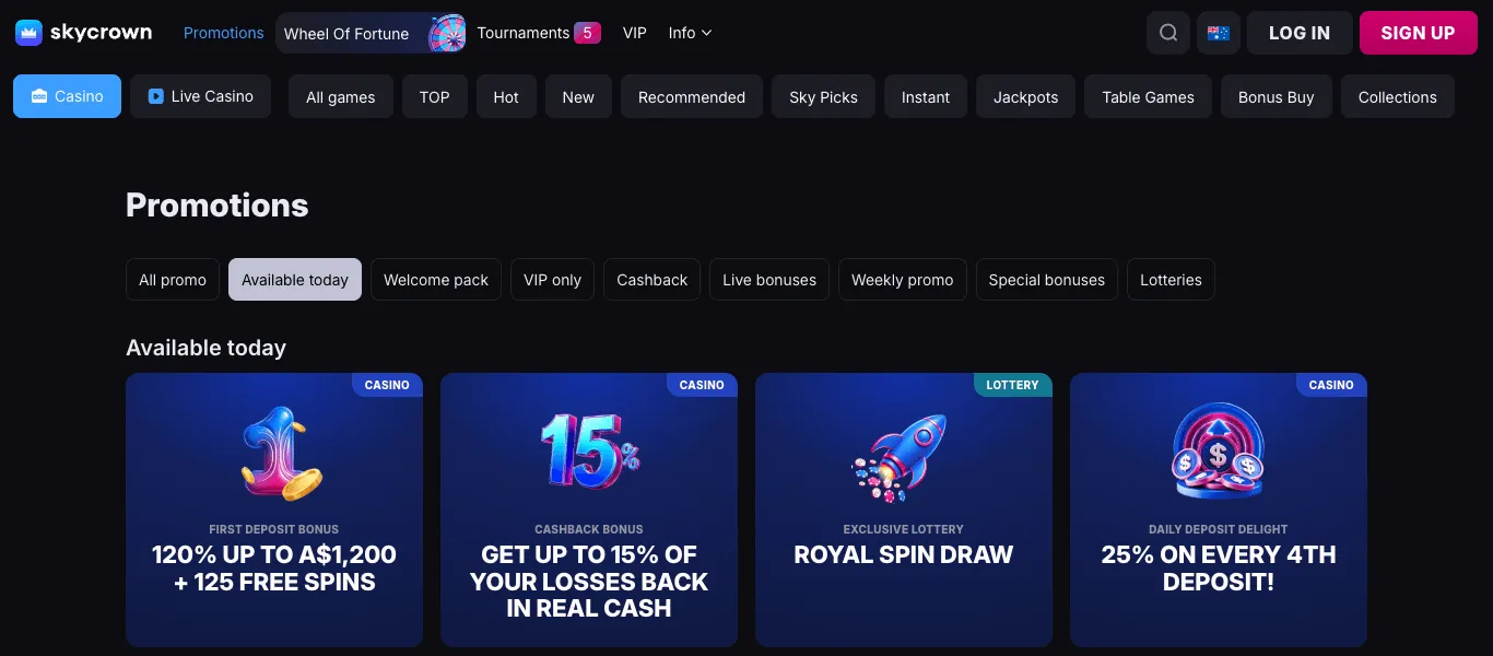 SkyCrown Promotions page on its Available today filter: four offer tiles — a first deposit bonus with a match percentage, an A$ maximum and free spins, a cashback bonus, a Royal Spin Draw lottery and a daily deposit offer.