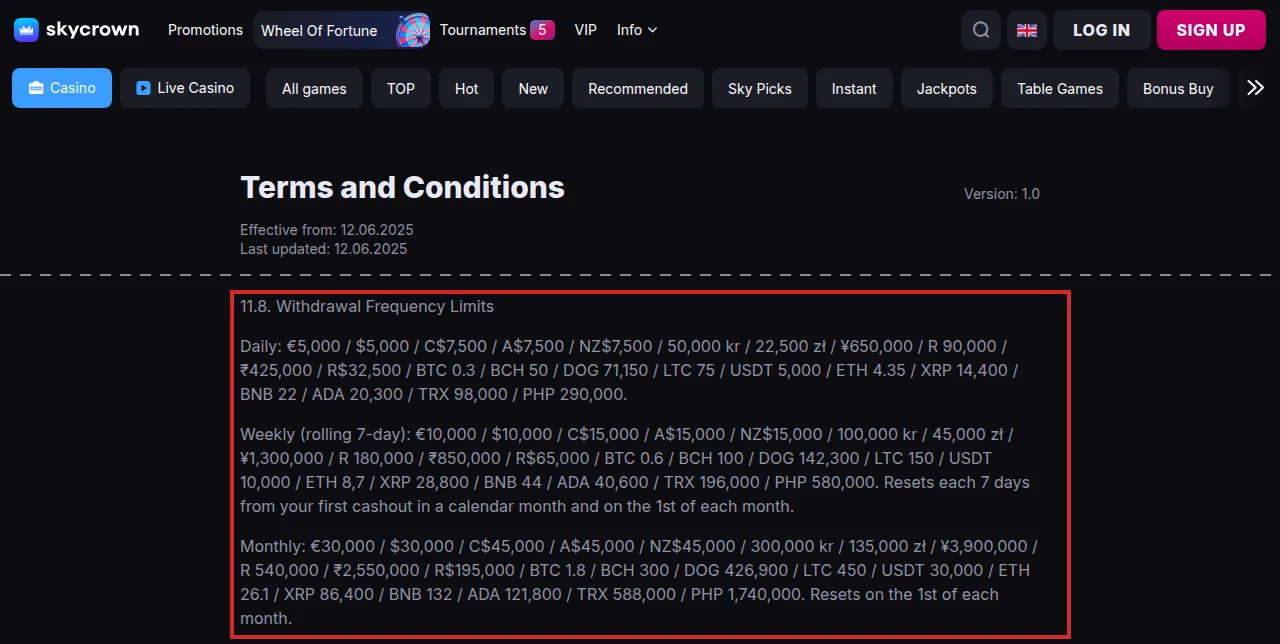 SkyCrown Terms and Conditions page showing Version 1.0 with its effective and last-updated dates. Clause 11.8, Withdrawal Frequency Limits, is highlighted: daily, weekly (rolling 7-day) and monthly limits, each listed in many fiat currencies and cryptocurrencies, including Australian dollars.