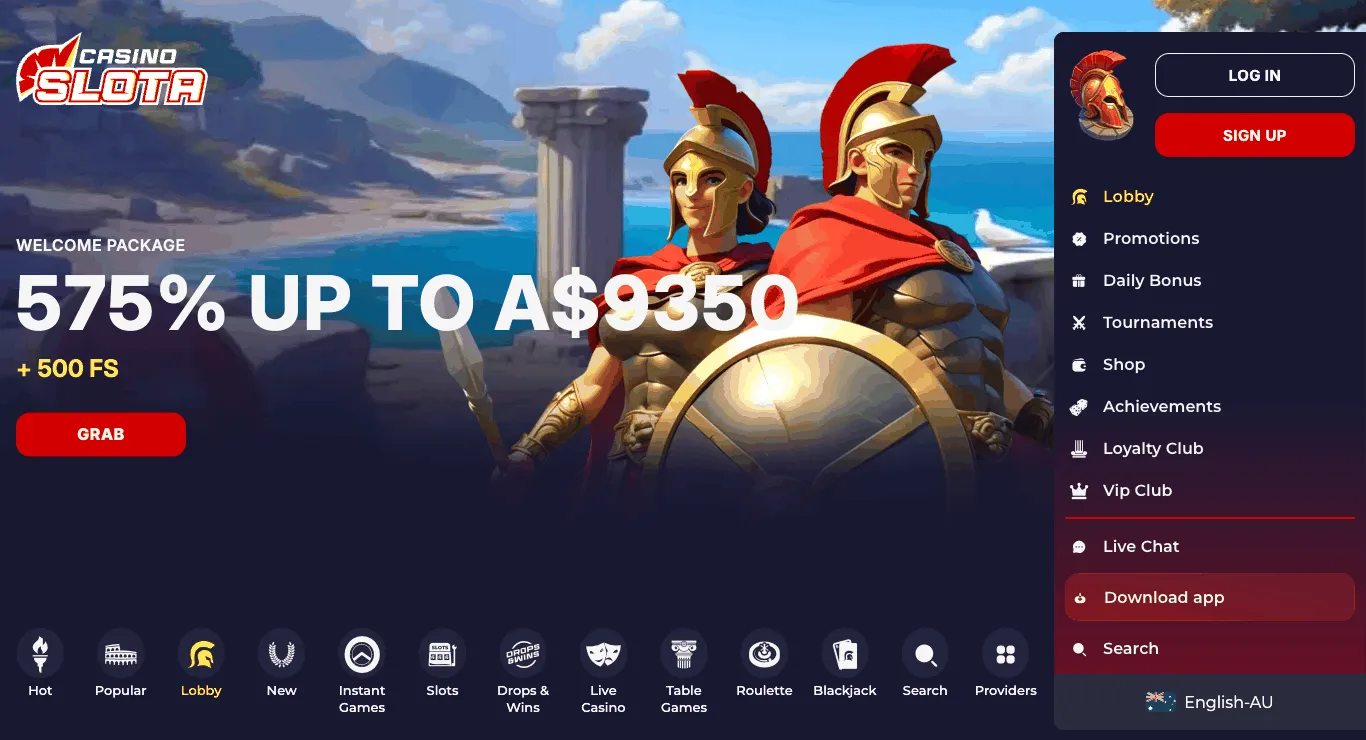 Slota Casino homepage: the red-and-white Casino Slota logo top left above a banner with two cartoon Spartan warriors in red-crested helmets on a Greek coast and the headline Welcome Package, 575% up to an Australian-dollar amount plus free spins, with a Grab button; a right-hand menu with Log in and Sign up buttons, Lobby, Promotions, Daily Bonus, Tournaments, Shop, Achievements, Loyalty Club, Vip Club, Live Chat, Download app and English-AU; and a category bar with Hot, Popular, Lobby, New, Instant Games, Slots, Drops & Wins, Live Casino, Table Games, Roulette, Blackjack, Search and Providers.