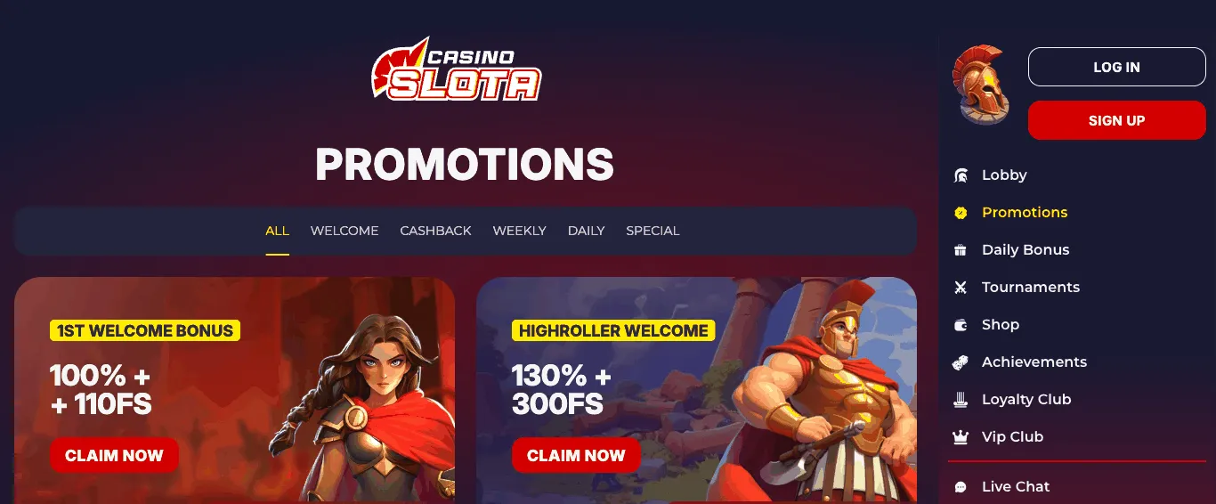 Slota Casino Promotions page: the Casino Slota logo above the heading Promotions and a filter bar with All, Welcome, Cashback, Weekly, Daily and Special, then two cards with cartoon Spartan warriors, 1st Welcome Bonus at 100% plus 110 free spins and Highroller Welcome at 130% plus 300 free spins, each with a Claim now button, beside the site's right-hand menu.