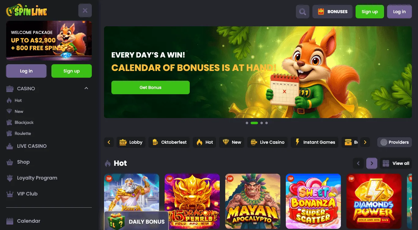 Spinline homepage: the orange-and-green Spinline logo above a sidebar welcome-package box in Australian dollars with free spins, Log in and Sign up buttons and a Casino menu; a banner with a cartoon squirrel holding a calendar under the headline Every Day's a Win, Calendar of Bonuses Is at Hand; a category bar with Lobby, Oktoberfest, Hot, New, Live Casino and Instant Games; and a row of hot pokies.
