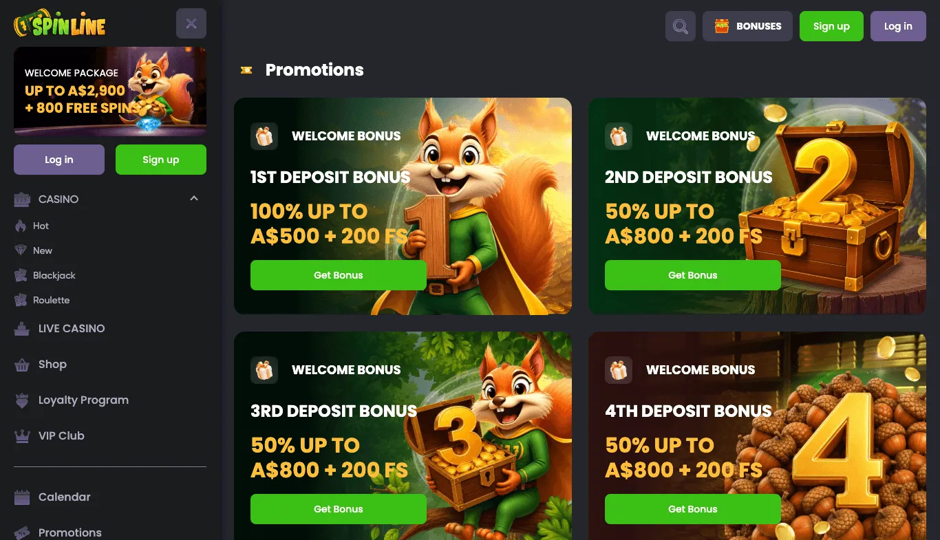 Spinline Promotions page: four welcome-bonus cards with cartoon squirrels, a numbered chest and acorns, for the first deposit at 100% up to an Australian-dollar amount plus free spins and the second, third and fourth deposits at 50% up to a larger amount plus free spins, each with a Get Bonus button, beside the site's sidebar menu.