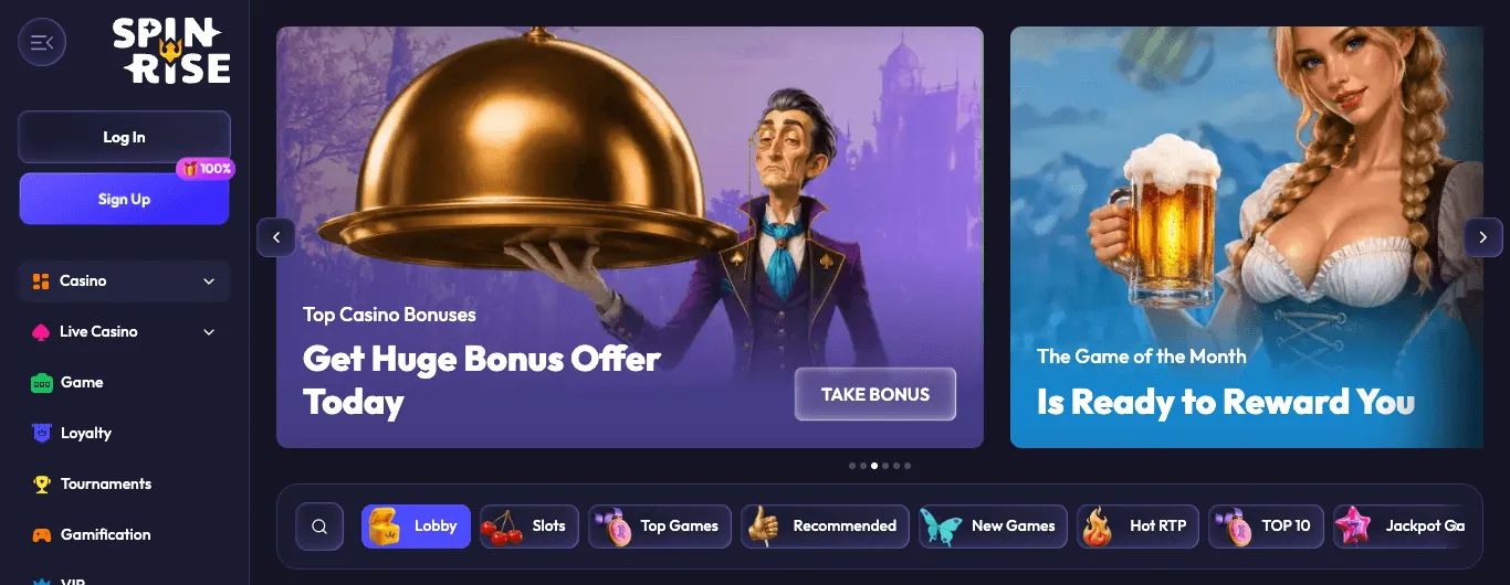 SpinRise lobby: a left menu with Log in and Sign up buttons, Casino, Live Casino, Loyalty, Tournaments, VIP and Promotions; a banner carousel with Top Casino Bonuses and Game of the Month slides; and a category bar with Lobby, Slots, Top Games, Recommended, New Games, Hot RTP and Top 10.