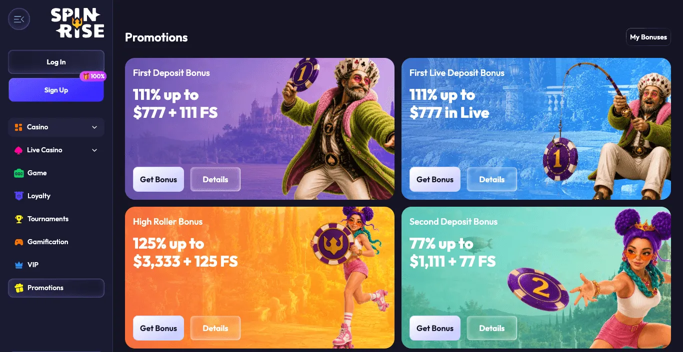 SpinRise Promotions page with four cards — First Deposit Bonus, First Live Deposit Bonus, High Roller Bonus and Second Deposit Bonus — each with a match percentage, a dollar maximum and free spins where offered, and Get Bonus and Details buttons.