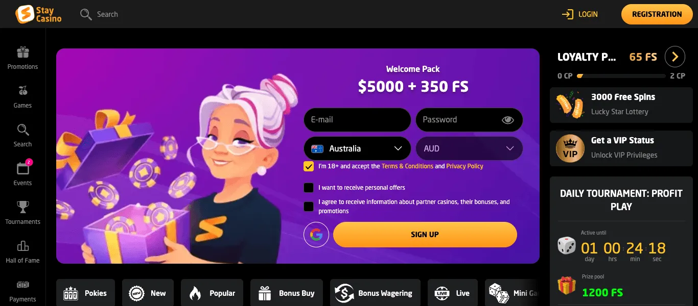 Stay Casino homepage: a welcome-pack banner with a dollar amount and free spins beside a sign-up form pre-set to Australia and AUD; a left icon menu; side panels for loyalty points, a lottery, VIP status and a daily tournament with its prize pool; and game-category buttons.