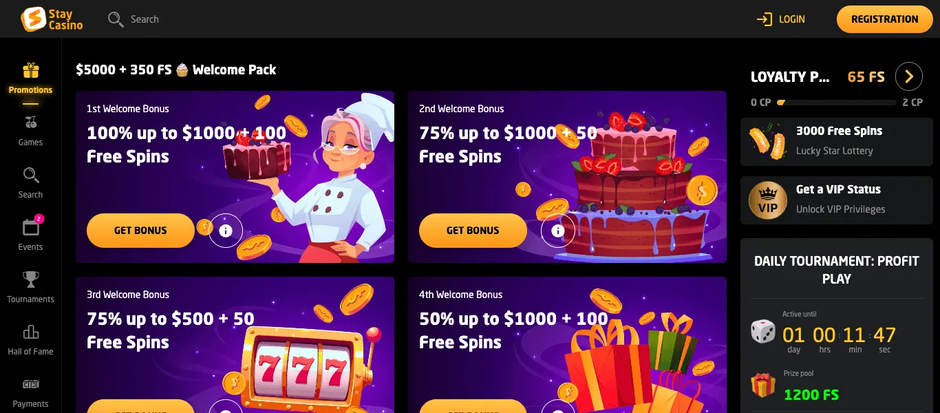 Stay Casino promotions page scrolled to the Welcome Pack heading, which states the package total in dollars with free spins, above the first to fourth welcome-bonus cards, each with a match percentage, a dollar maximum, free spins and a Get bonus button.