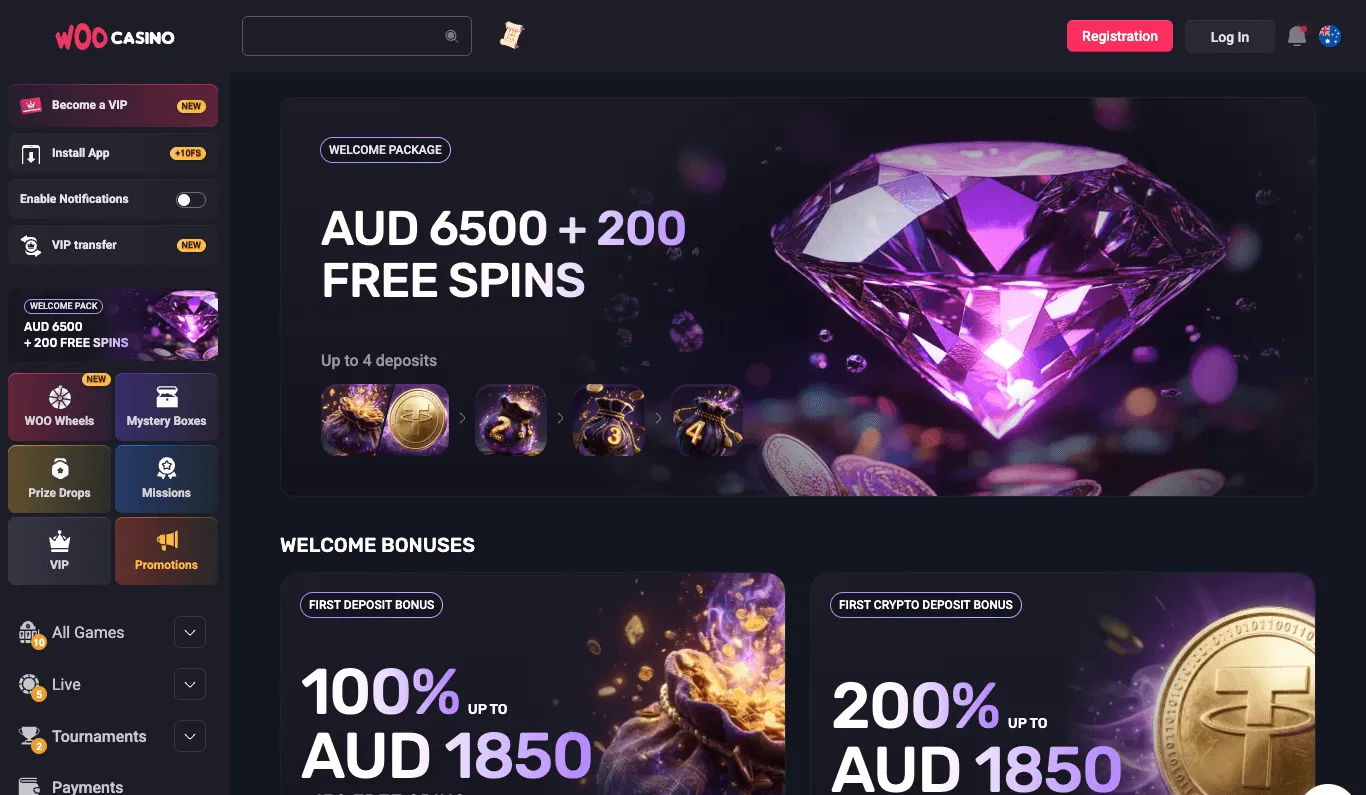 Woo Casino promotions page: a welcome-package banner in AUD with free spins over up to four deposits, and First Deposit Bonus and First Crypto Deposit Bonus cards, each with a match percentage and an AUD maximum.